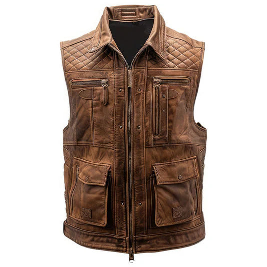 Distressed Brown Genuine Sheepskin Leather Vest Coat  For Men