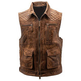 Distressed Brown Genuine Sheepskin Leather Vest Coat  For Men