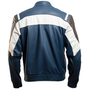 Navy Blue Motorcycle Genuine Sheepskin Leather Jacket for Men