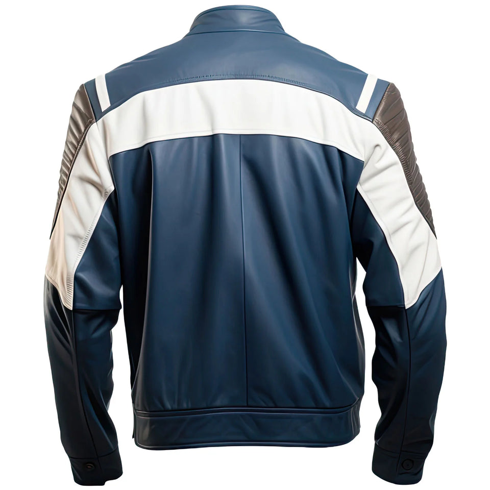 Navy Blue Motorcycle Genuine Sheepskin Leather Jacket for Men