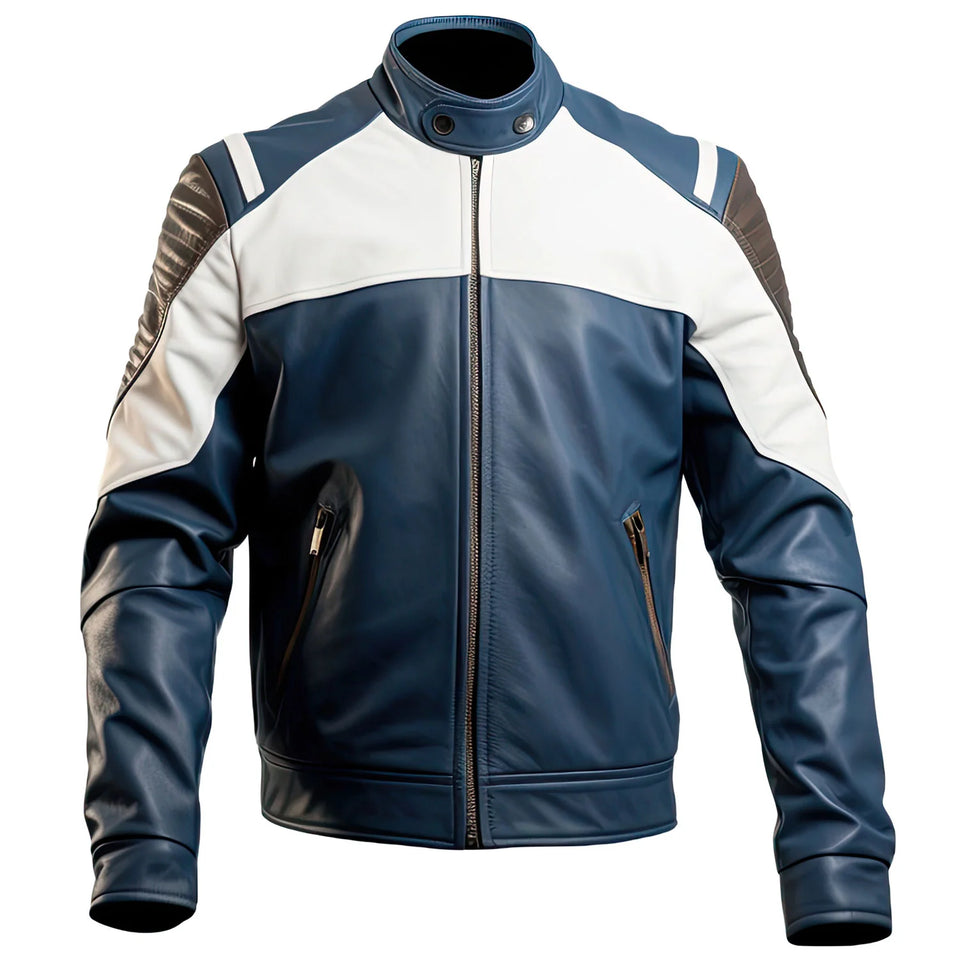 Navy Blue Motorcycle Genuine Sheepskin Leather Jacket for Men