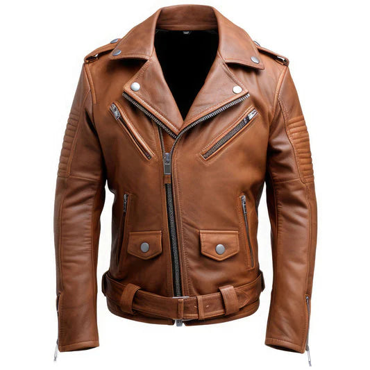 Brown Moto-Biker Lapel Collar Real Sheepskin Leather Jacket for Men