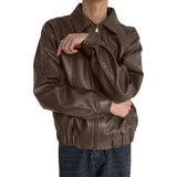 Classic Brown Genuine Sheepskin Shirt Collar Leather Jacket for Men