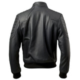 Black Genuine Sheepskin Rib Knit Slim-Fit Leather Bomber Jacket  for Men