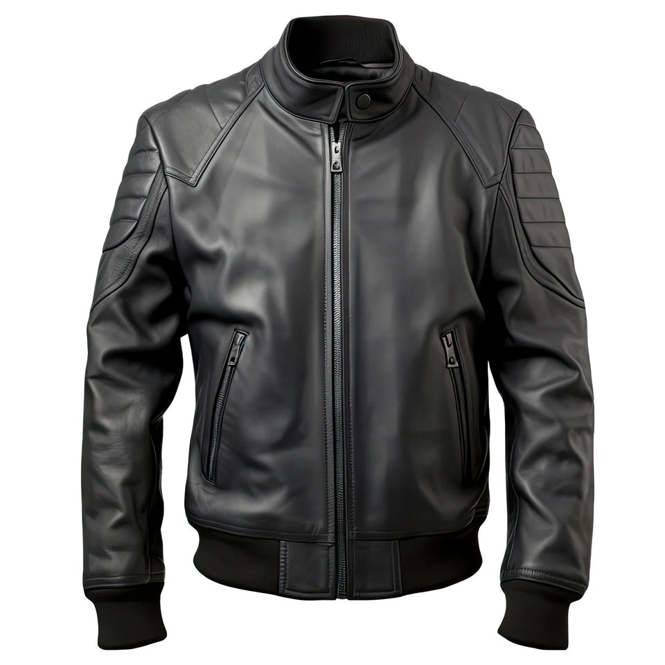 Black Genuine Sheepskin Rib Knit Slim-Fit Leather Bomber Jacket  for Men