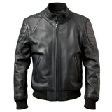Black Genuine Sheepskin Rib Knit Slim-Fit Leather Bomber Jacket  for Men