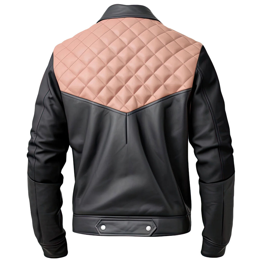 Pink Charcoal Grey Genuine Sheepskin Quilted Leather Jacket for Men