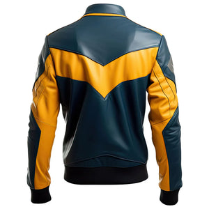 Mustard-Yellow-Blue Genuine Sheepskin Leather Jacket For Men