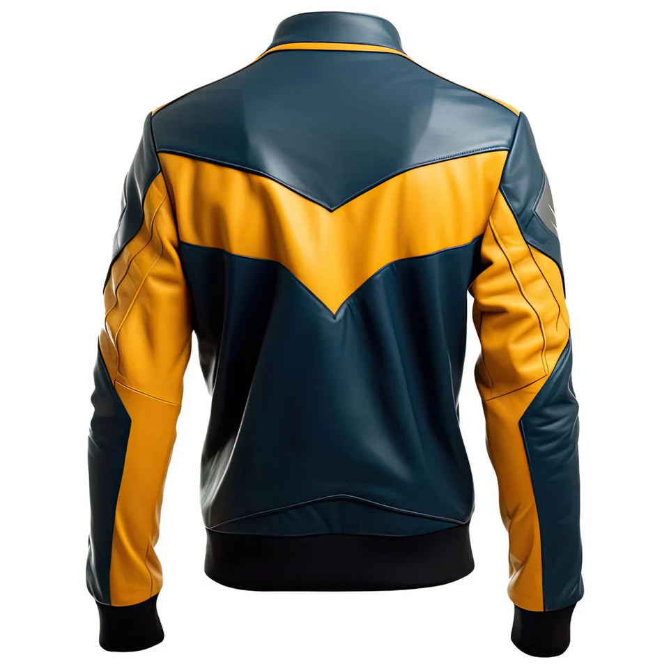 Mustard-Yellow-Blue Genuine Sheepskin Leather Jacket For Men
