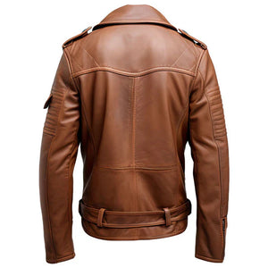 Brown Moto-Biker Lapel Collar Real Sheepskin Leather Jacket for Men