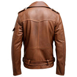 Brown Moto-Biker Lapel Collar Real Sheepskin Leather Jacket for Men