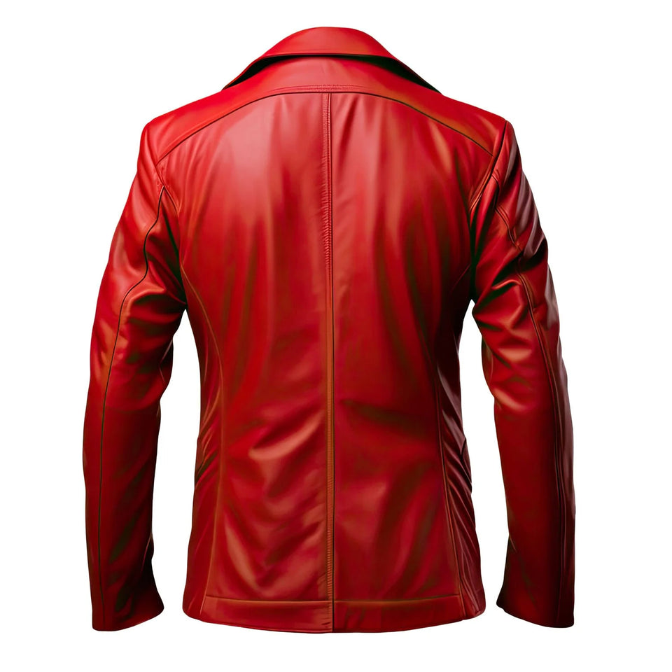 Classic Bold Red Single-Breasted Genuine Sheepskin Leather Blazer  For Men
