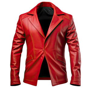 Classic Bold Red Single-Breasted Genuine Sheepskin Leather Blazer  For Men