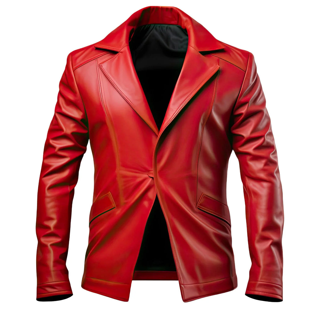 Classic Bold Red Single-Breasted Genuine Sheepskin Leather Blazer  For Men