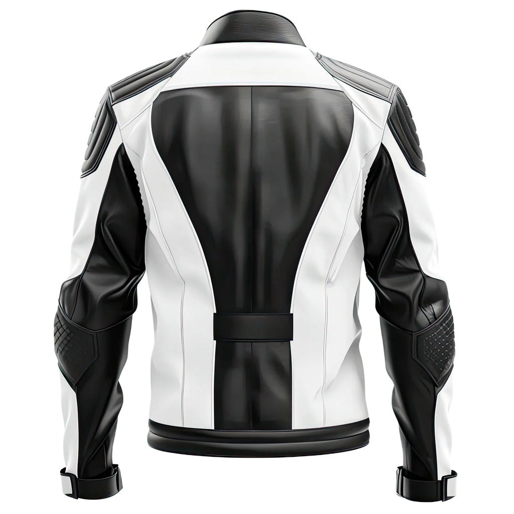 White-Black Genuine Quilted Sheepskin Moto Leather Jacket for Men