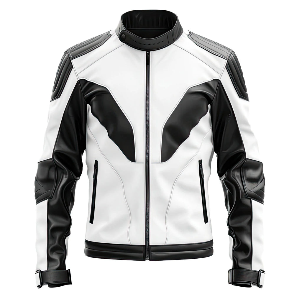 White-Black Genuine Quilted Sheepskin Moto Leather Jacket for Men