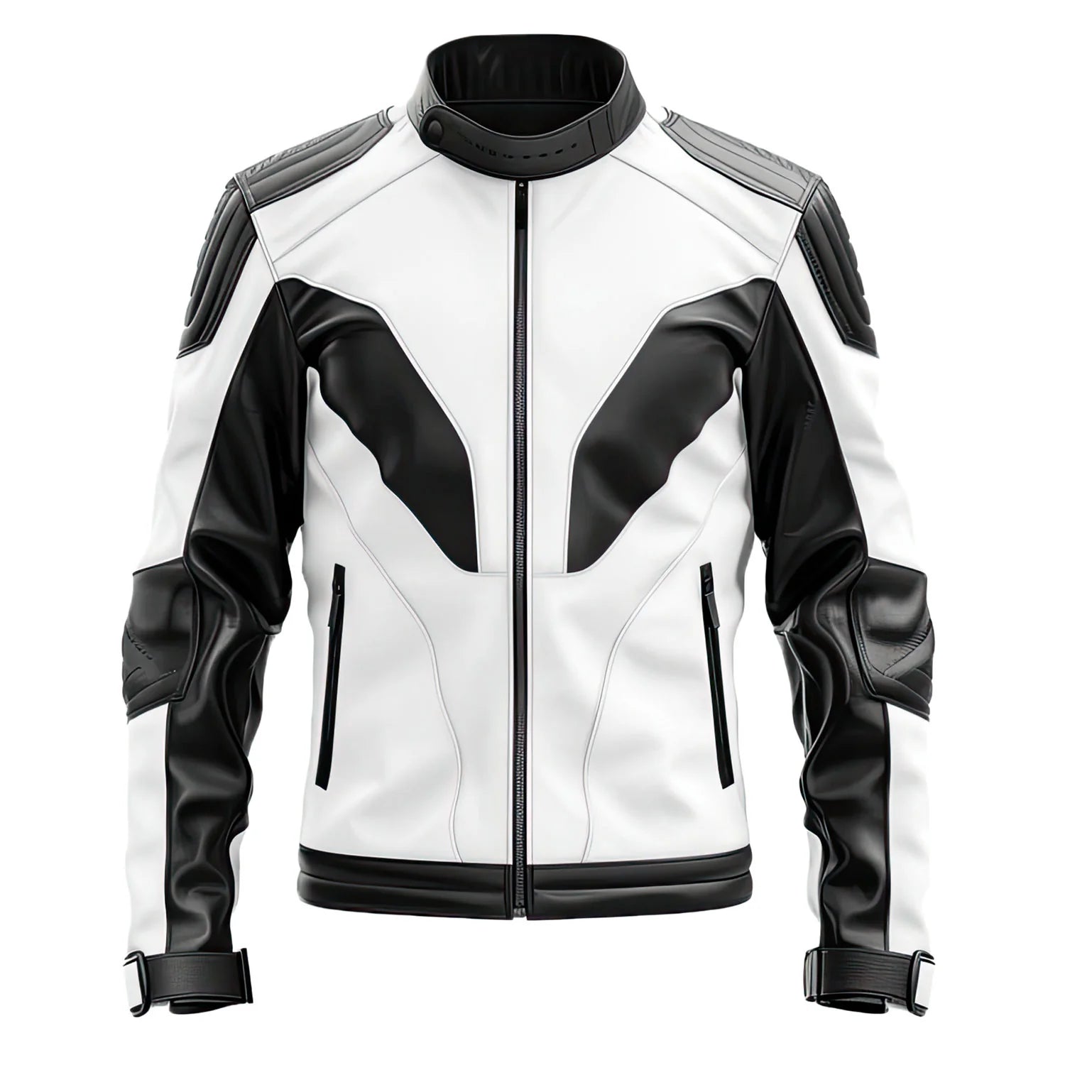 White-Black Genuine Quilted Sheepskin Moto Leather Jacket for Men