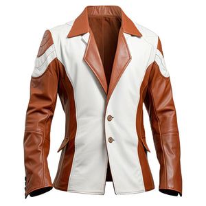 White-Brown Contrast Outerwear Genuine Sheepskin Leather Jacket for Men