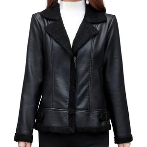 Black Bomber Faux Shearling Fur Premium Sheepskin Leather Jacket for Women