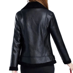 Black Bomber Faux Shearling Fur Premium Sheepskin Leather Jacket for Women